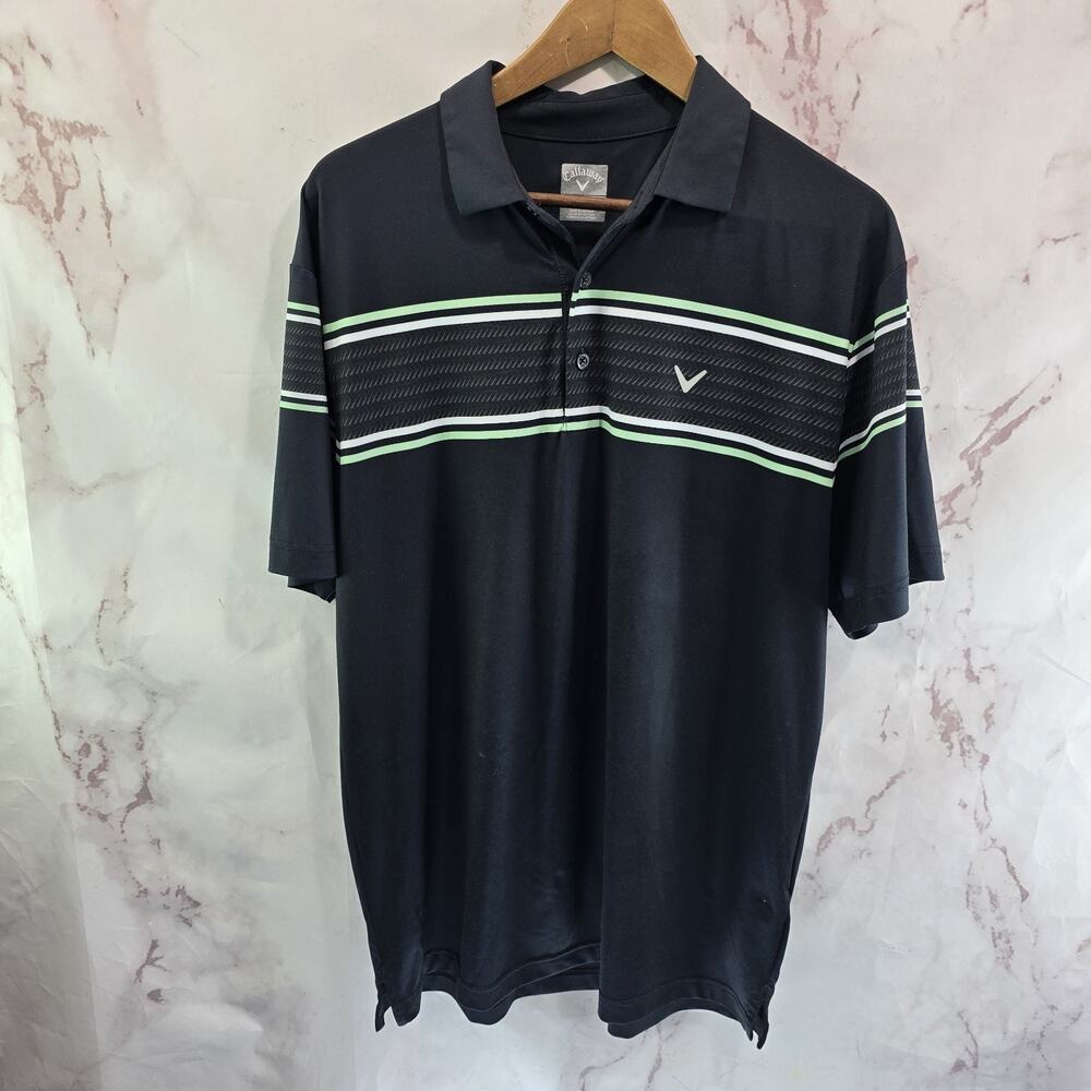 Callaway Shirt Mens Medium Black Stripe Polo Golf Short Performance Opti Green
